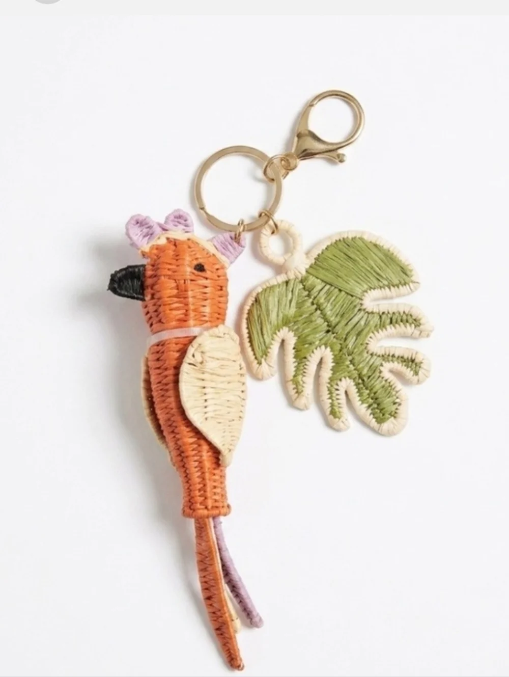 🧡▪️Piper K ▪️Woven Parrot & Leaf Keychain - Orange/Green Bag Charm